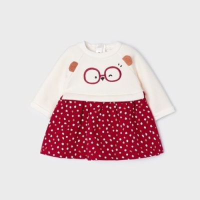 Vestido bebé branco com rosto e saia cor de vinho às bolas brancas