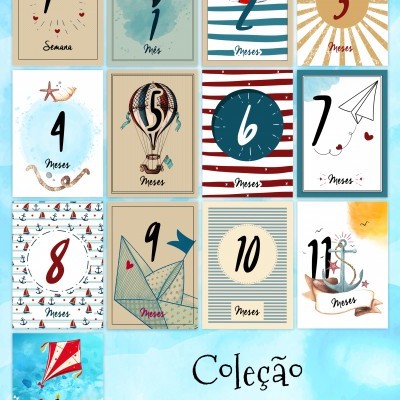Cartões de marcos mensais com temas náuticos e vintage, numerados de 1 a 12 meses mais 1ª Semana, com desenhos de barcos, animais marinhos e acessórios náuticos.