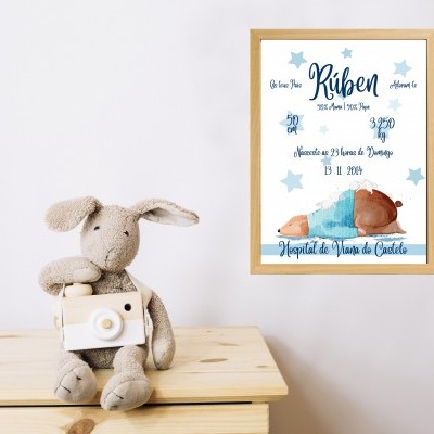 Peluche de coelho com câmara e moldura com texto e ilustração azul