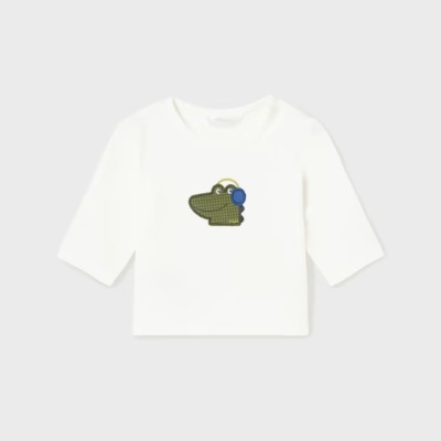 Camisola branca de manga comprida com aplique de crocodilo colorido.