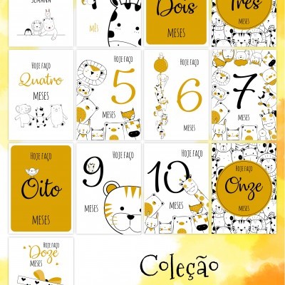 Cartões mensais para bebés com desenhos de animais e texto em português