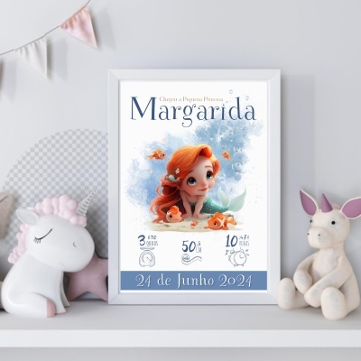 Poster infantil da pequena princesa Margarida com sereia e dados do nascimento em moldura branca