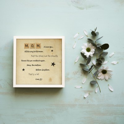 Quadro decorativo com mensagem por ocasião especial e flores naturais sobre fundo azul claro