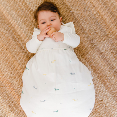 bebé deitado em saco de dormir branco com estampado de cães coloridos sobre tapete castanho