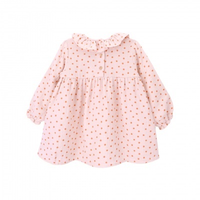 Vestido rosa claro com flores castanhas e gola franzida para criança