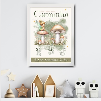 quadro com ilustração de fadas e cogumelos, texto Carminho e datas, numa parede clara acima de prateleira decorativa