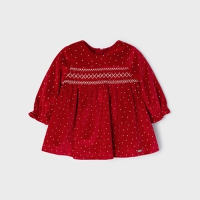 Vestido bebé vermelho com pontos brancos e padrão geométrico