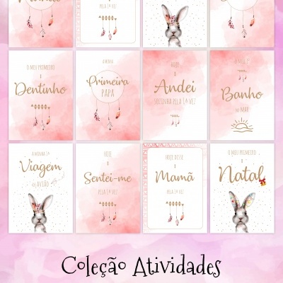 Cartões decorativos com frases em português e ilustrações de coelhos, em fundo rosa e detalhes dourados
