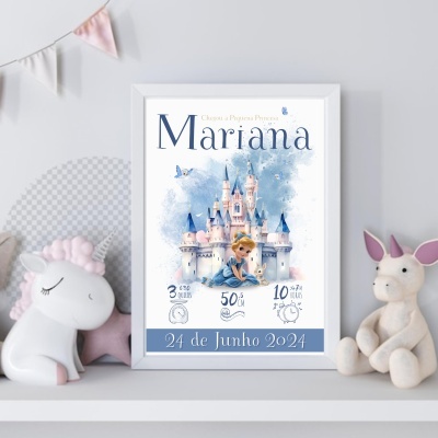 Pôster infantil com castelo e menina, nome Mariana, e data 24 de Junho 2024