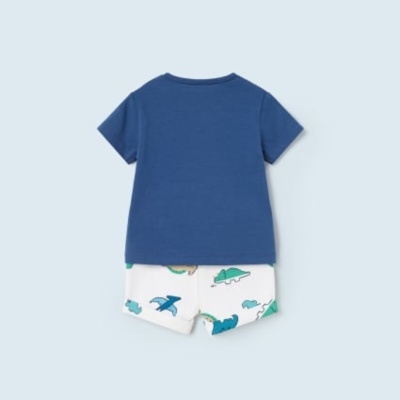 Conjunto infantil com t-shirt azul e calções brancos com dinossauros