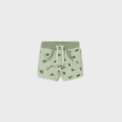 Calções verdes claros com flores e cós elástico com cordão branco