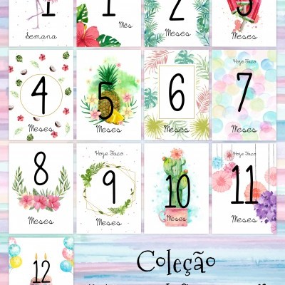 Cartões para fotografia de bebés com temas tropicais e números de 1 a 12, texto em português.