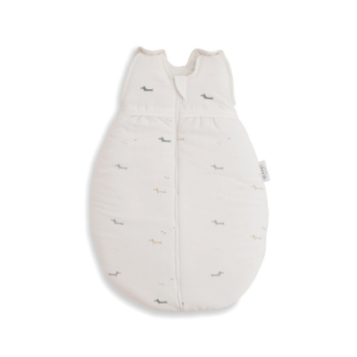 Saco de dormir para bebé branco com padrão de cães pequenos coloridos