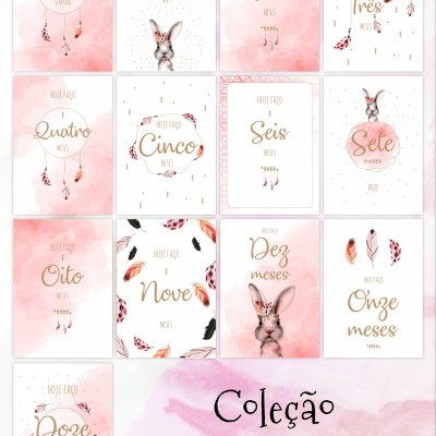 Cartões mensais de bebé com design em rosa e dourado, com coelho e penas, indicando meses de 1 a 12 e coleção Girl.