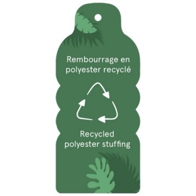 Etiqueta verde com texto em francês e inglês sobre enchimento de poliéster reciclado