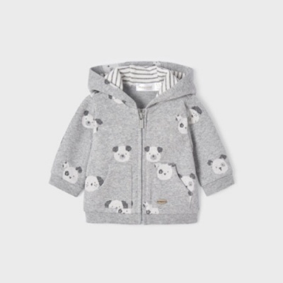 Casaco cinzento para bebé com estampado de cães e capuz listrado
