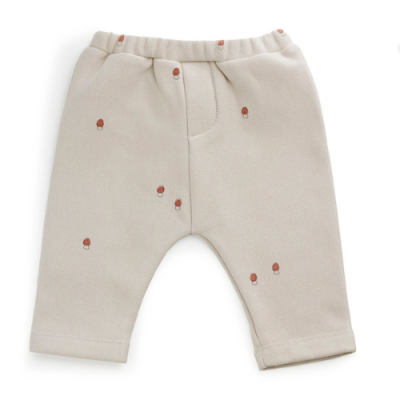 Calças de bebé bege com padrão de cogumelos