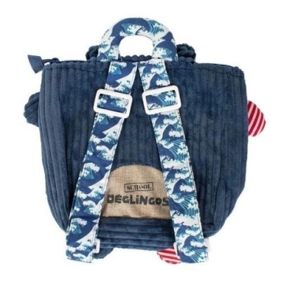 Mochila pequena azul escuro com alças de ondas e etiqueta tecido