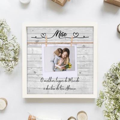 Quadro decorativo com texto em português para mãe e fotografia de mãe e filha