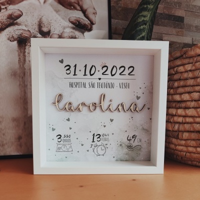 quadro decorativo de nascimento com data, local, nome e medidas