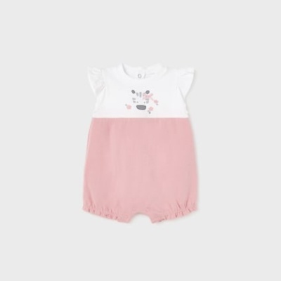 Macacão de bebé branco e rosa com padrão de animal e manga curta