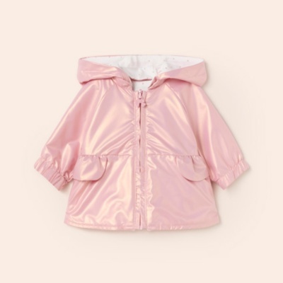 Casaco impermeável infantil rosa com capuz e bolsos frontais
