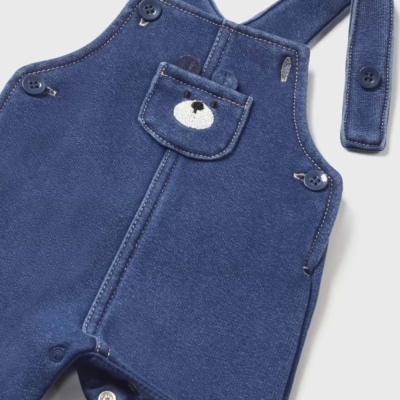 Jardineira azul escura para bebé com bolso frontal e fechos de pressão