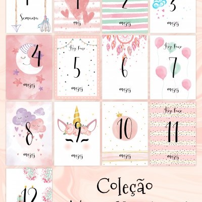 Cartões mensais decorativos da coleção Magic Unicórnio em tons de rosa e branco