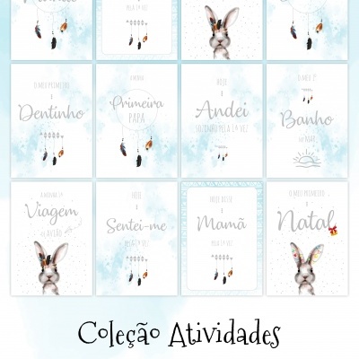 Doze cartões azuis claros com textos infantis em português, desenhos de penas e coelhos, título 'Coleção Atividades Boy'.