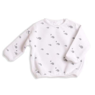Camisola branca para bebé com elefantes cinzentos e botões no ombro