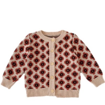 Casaco de malha bege para bebé com padrão geométrico vermelho escuro e preto