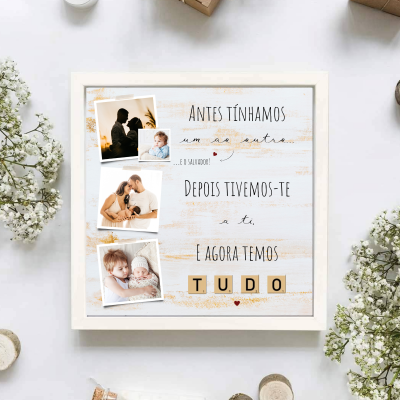 Quadro decorativo branco com fotos familiares e texto em português sobre amor e família