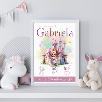 Cartaz infantil com nome Gabriela e castelo cor de rosa entre peluches
