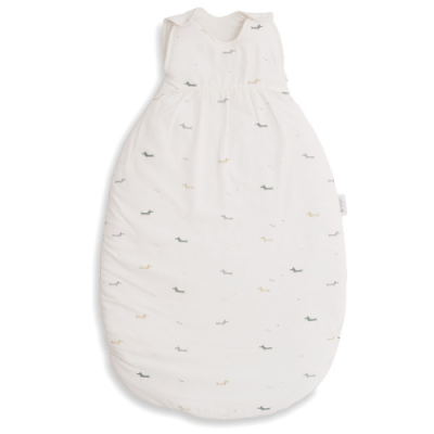 Saco de dormir para bebé branco com padrão de cães pequenos coloridos