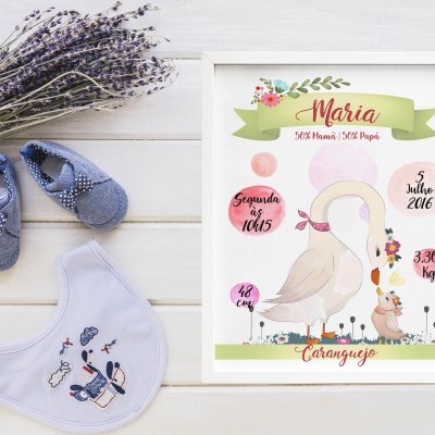 Quadro personalizado de nascimento, sapatinhos azuis, bibe branco e flores secas