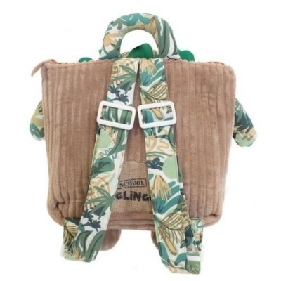 Mochila castanha acolchoada com alças estampadas de folhas sobre fundo branco