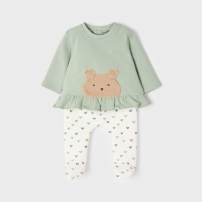 Conjunto bebê camisola verde água com rosto de urso e calças brancas com corações coloridos
