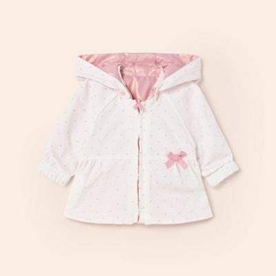 Casaco de bebé menina branco com laço rosa e capuz
