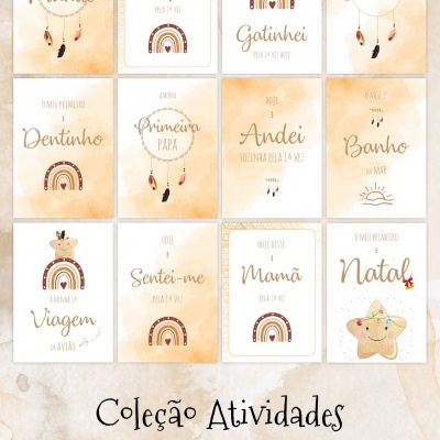 Conjunto de cartões com desenhos de arco-íris e bonecos para registo de marcos infantis, em tons bege e dourado.