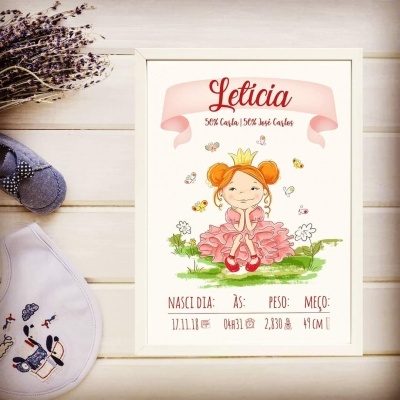 Cartaz infantil decorativo com nome Letícia e informações de nascimento ao lado de sapatinho azul e babete