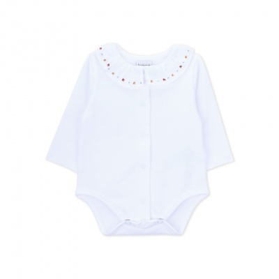 Body branco para bebé com gola bordada colorida e botões frontais