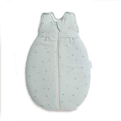 Saco de dormir para bebé verde claro com padrão e fecho cor-de-rosa