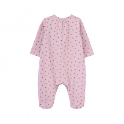 Macacão de bebé rosa com estrelas laranja, mangas e pés fechados