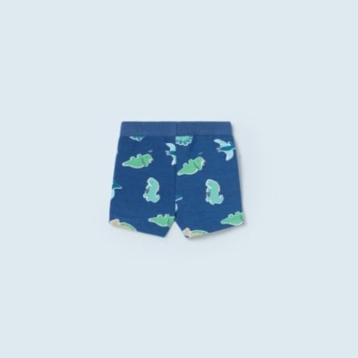 Calções curtos azul escuro para criança com padrão de dinossauros verdes e azuis