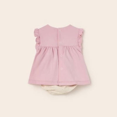 Conjunto de vestido rosa de bebé com botões nas costas e peça inferior branca
