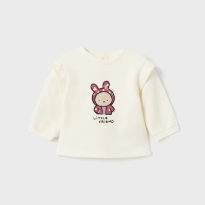 Camisola branca de criança com estampa LITTLE FRIEND e boneco cor-de-rosa
