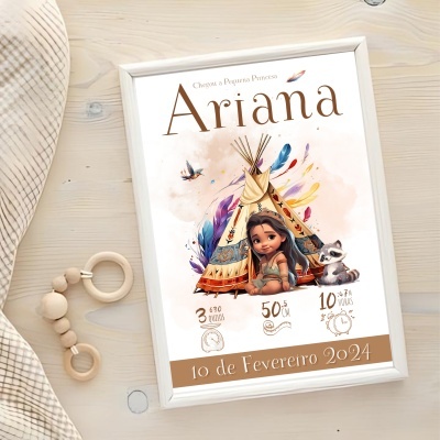 quadro decorativo branco com ilustração de menina, tenda índia e texto em português