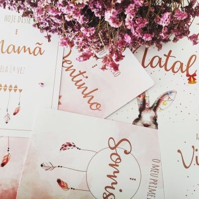 Cartões com texto em português e desenhos de penas e coelho decorados, flores secas cor-de-rosa no topo.