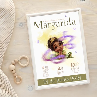Quadro branco com ilustração de princesa e texto comemorativo para bebé com data 24 de Junho 2024