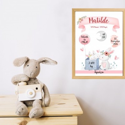 Quadro de nascimento com informações do bebé e coelho de pelúcia sentado sobre mesa de madeira